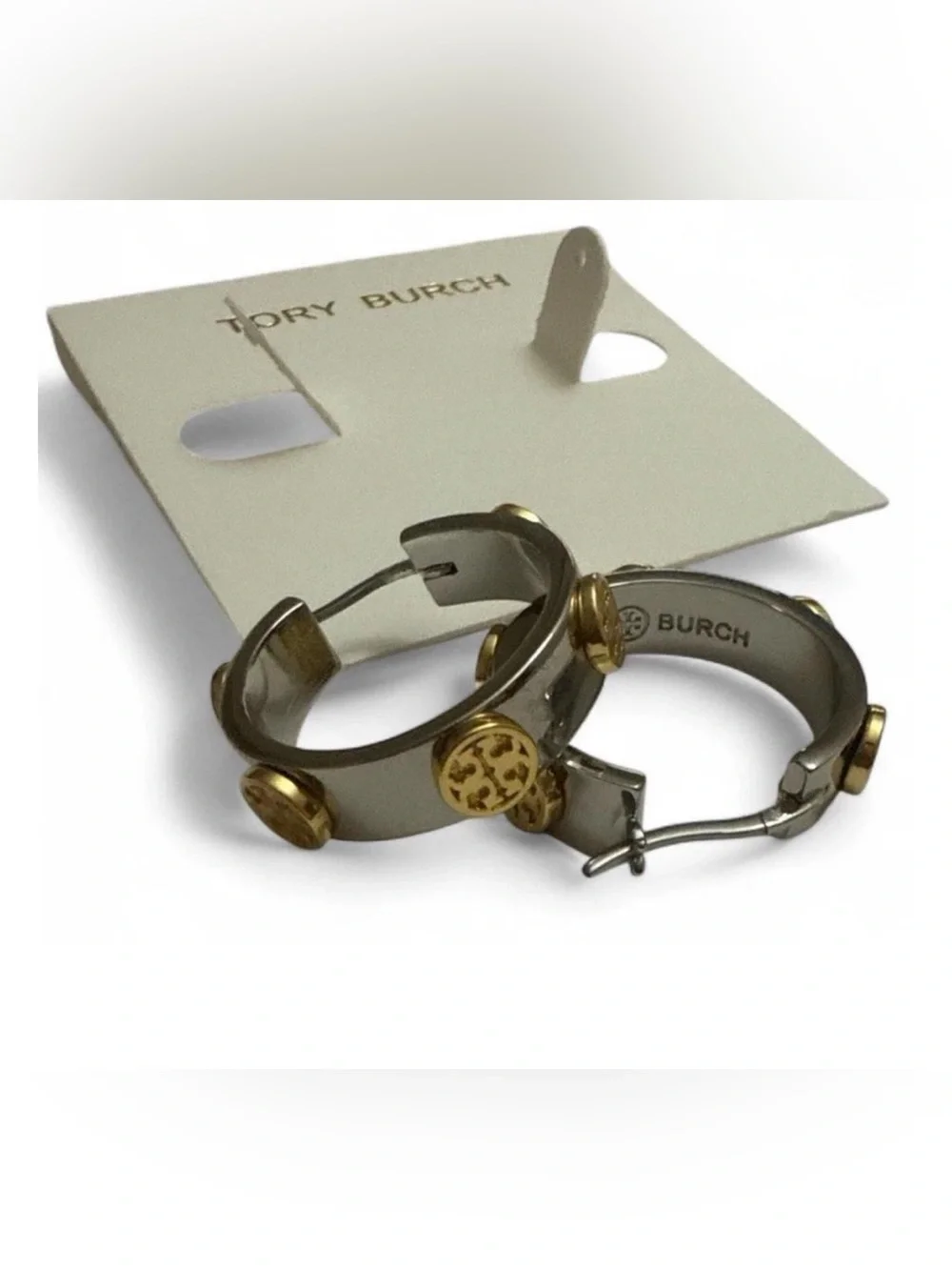 Tory Burch Gray Enamel Hoop Earrings with Gold Logo Accents